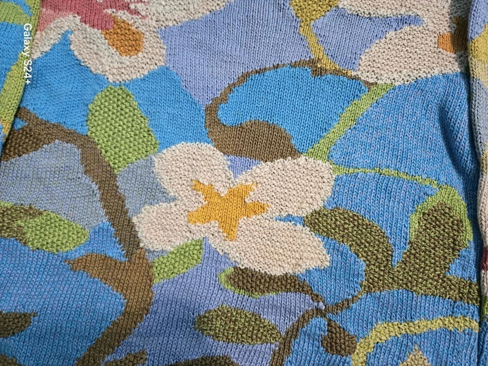 ВИНТАЖНЫЙ Перуанский Connection Pima хлопок цветочный вязаный свитер Boxy Fit S M синий - Изображение 2 из 4