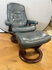 Coveted Ekornes Stressless Swivel Recline Leather Chair and Ottoman Set