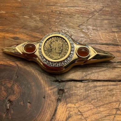 Vintage Signed Ciner Gold Tone Cabochon Rhinestone Coin Brooch Pin Elegant