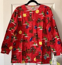 Women  s Scrub Top Red Long Sleeve Scooby Doo Christmas Vintage Snap Button Sz XS