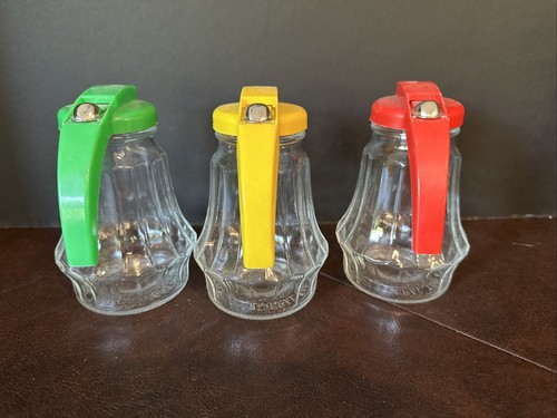 3 Vintage Federal Tool Corp Restaurant Glass Yellow/Green/Red SYRUP Dispensers - Picture 5 of 17