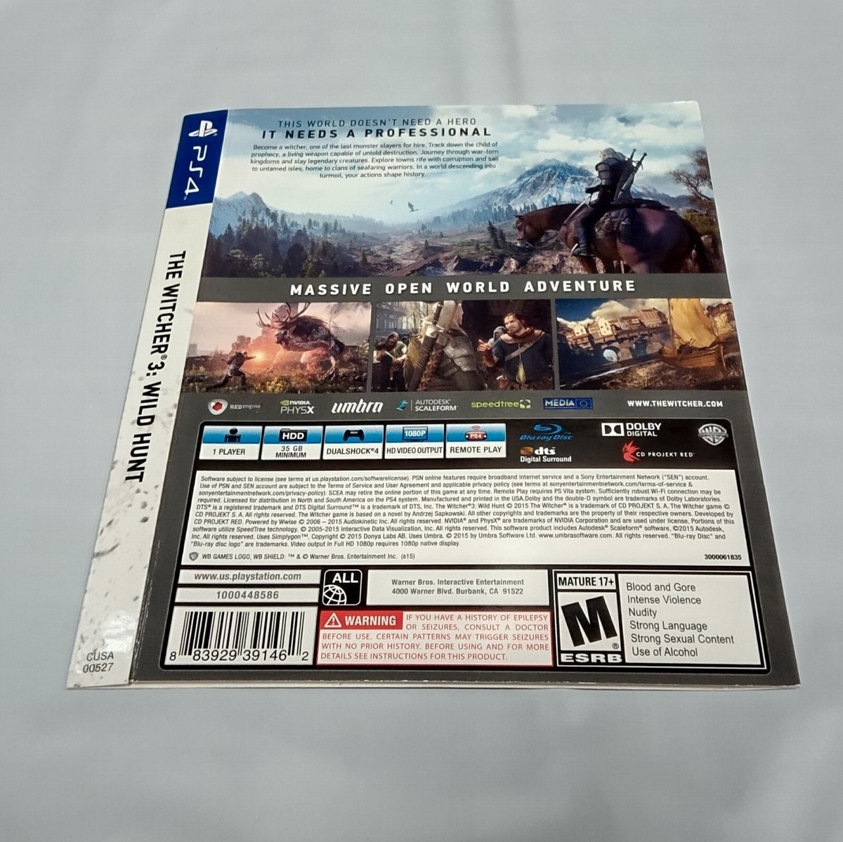 The Witcher III (3) Wild Hunt for PS4 Outer Cardboard Box ONLY