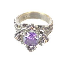 925 Sterling Silver Purple CZ Flower Statement Cocktail Ring Size 7.5