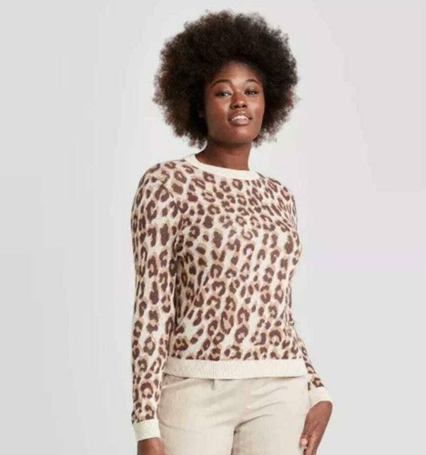 Leopard Print Crewneck Pullover Sweater 