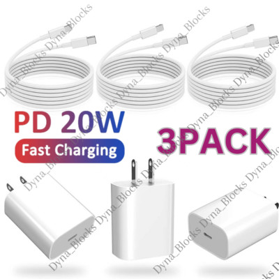 3Pack 20W USB Type C Fast Charger For iPhone 14/13/12 PD Power Adapter Cable Lot