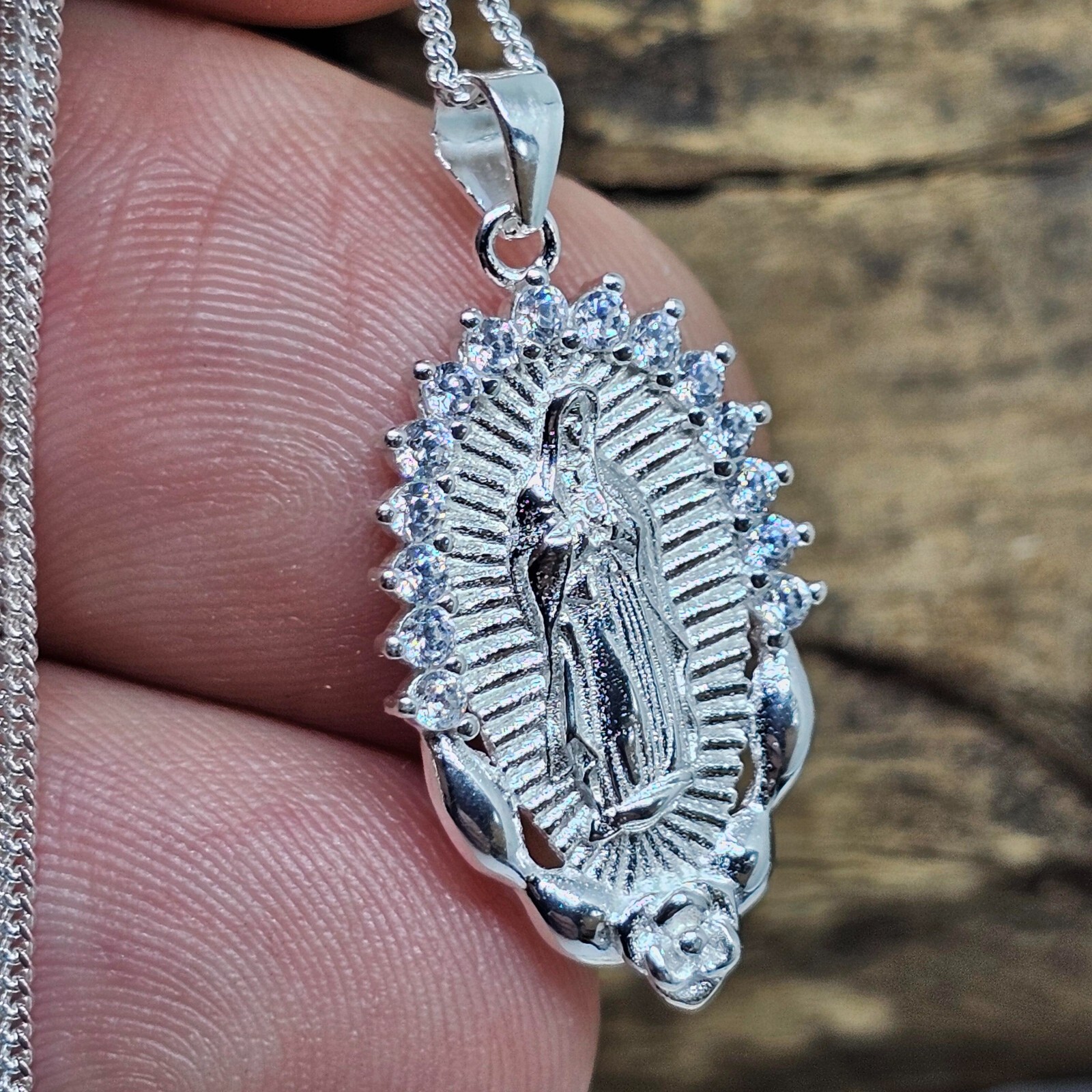 Madonna Virgin Mary Pendant Necklace Gemstones 925 Silver Jewellery And Boxed