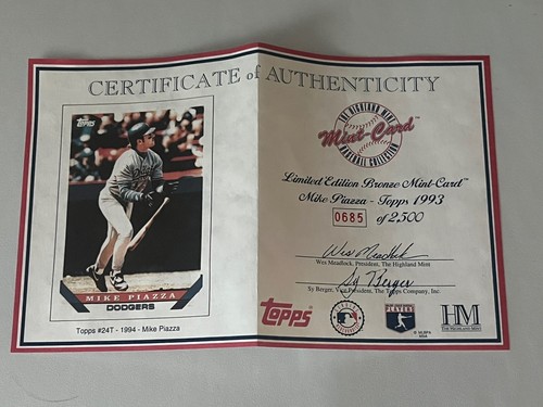 Highland Mint MLB 1993 Topps MIKE PIAZZA RC Bronze Card 0685/2500 - Picture 2 of 6