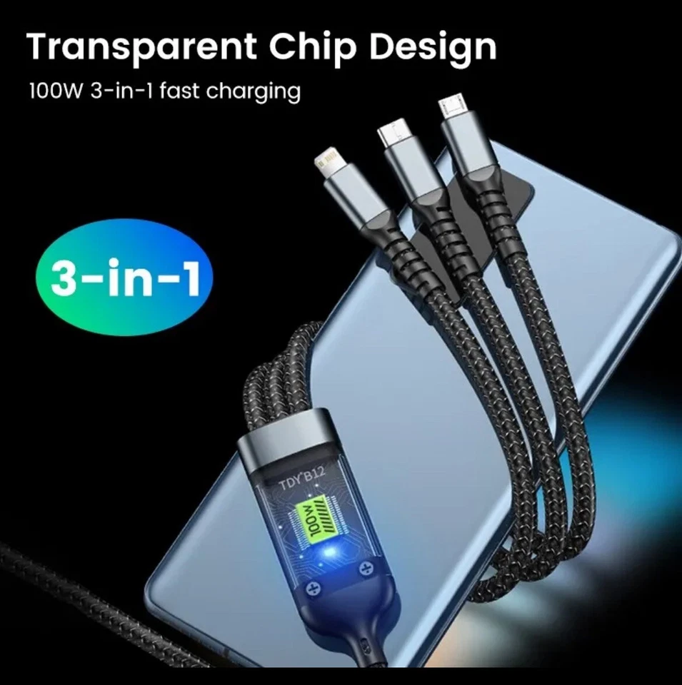 3-in-1 100W 5A Fast Charging USB To Type-C Micro Fast Charger Cable For iPhone 1 - Image 2 of 4