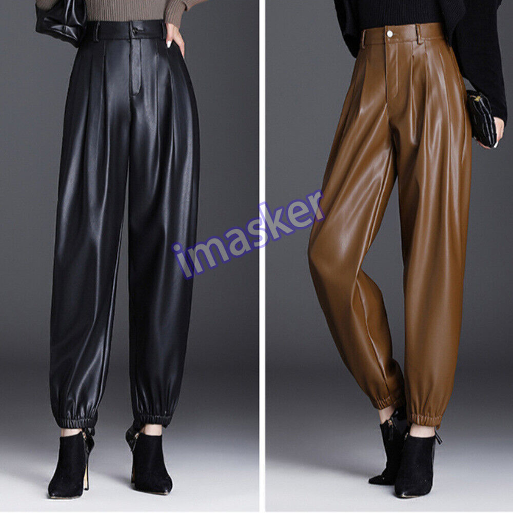 Women's Faux Leather Tapered Trousers with Fleece Lining & Frill Detail