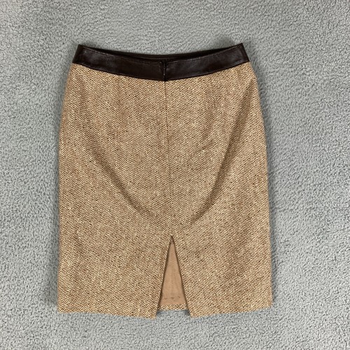 Lafayette 148 New York Wool Silk Tweed Pencil Skirt Sz 10 Tan Brown Leather Trim - Picture 3 of 13