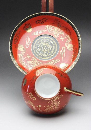 Fiery Red Porcelain Geisha Cup and Saucer Gilded Dragon Motif Japan NEW - Picture 2 of 12