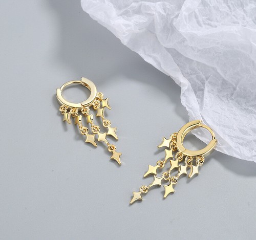 Women Fashion Tassel Star Dangle Drop 925 Silver Hoop Huggie Earrings - Picture 4 of 9