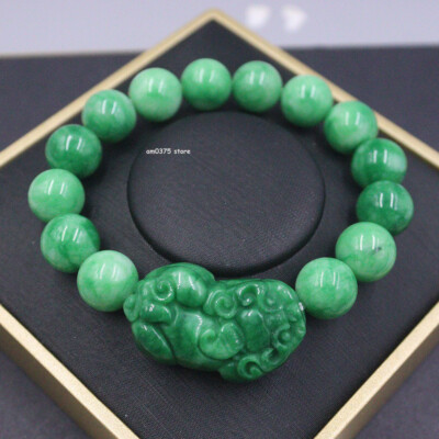 Chinese Green Jade Bead Bracelets Women Men 12mm Lucky
