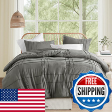 Comfort Spaces Grey Full Size Comforter Set - 3 Pieces Pintuck Pleated Bedding