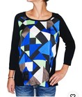 Alfani Women's Blouse L Geo Print Satin Panel Black Knit Back Hi-low 3/4 Sleeve 