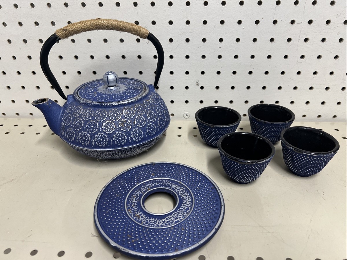 Teavana Cast Iron Tea Teapot Kettle Navy Blue Floral Japanese
