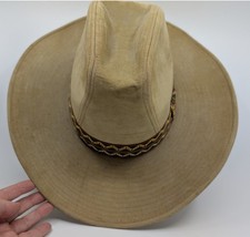 Vintage YA Cowboy Hat feather Tan faux suede with band Sz M 7 - 7 1/8 "The Duke"
