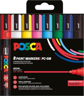 Posca 182558 - Set of 8 PC-5M Acrylic Pens - Permanent Marker with Round Tip 1.8