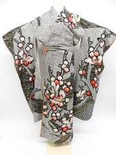 Japanese Vintage Kimono Furisode Silk Excellent Gold Crane Auspicious eb-1500