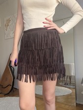 ZARA Brown Studded Fringe Mini Skirt Faux Suede Western Festival Size S