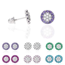 14K Gold CZ Gemstone Halo Round Cluster Screw Back Stud Earrings