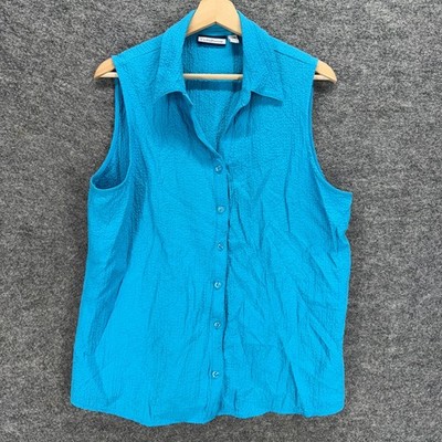 Croft & Barrow Shirt Women XL Blue Button Up Collared Sleeveless Stretch Casual