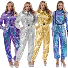 Womens Shiny Metallic One Piece Jumpsuit  Turn Down Collar Alien Party Cosplay