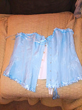 SZIYVSHI Floral Overbust Corset 1X Plus Blue/White Boned Lace-Up Ruffle