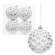 100mm/4 Rustic Large Christmas Ball Ornaments 4PCS White and Silver Textured