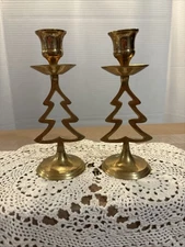 Set of 2 Brass Tree Candlestick Holders Christmas Holiday