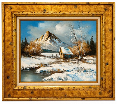 #ad Vintage Original Oil Painting Signed Mountain Cabin Landscape in Rustic 25x29 $155.00