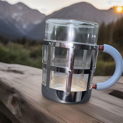 ALESSI Italy Michael Graves  Glass Coffee/Tea Mug with Blue Handle , INOX 18/10 