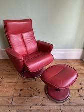 G-Plan Mid Century Red Leather Reclining Easy Lounge Swivel Armchair w/ Footrest
