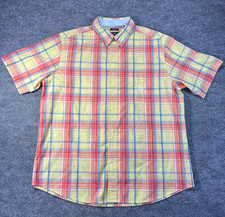 Chaps Mens Easy Care Button Front Short Sleeve Shirt Yellow Plaid Sz XL