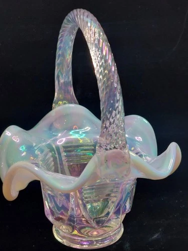 Fenton Pink Opalescent Iridescent Ruffle Basket Fairy Cottage Core Decor Retro