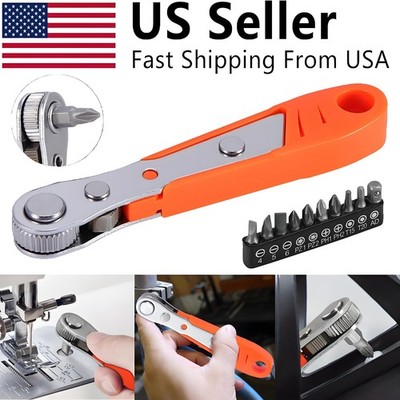 36-Tooth Mini Ratchet Screwdriver Hex Drive 90 Degree Offset w/ 10pcs Bits USA