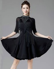 Latin Rumba Ballroom Rhinestones Dance Dress Tassels Cha Cha Tango Dancewear