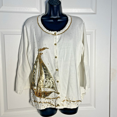 Vintage Jack B Quick Cardigan Women XL White Gold Sequins Sailboat Y2K Sweater