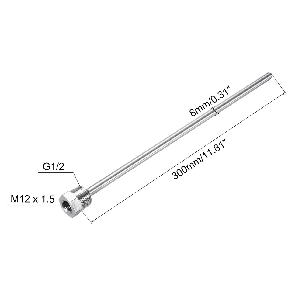 uxcell 8mm Dia G1/2 Thermowell Weldless Stainless Steel 304 300mm Length for Beer Fermenter in