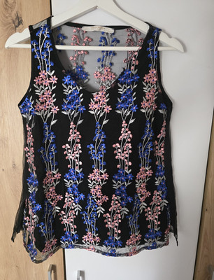 BALDI WOMAN Damen Top Basic S ärmellos V-Ausschnitt Mesh bestickt Blumen