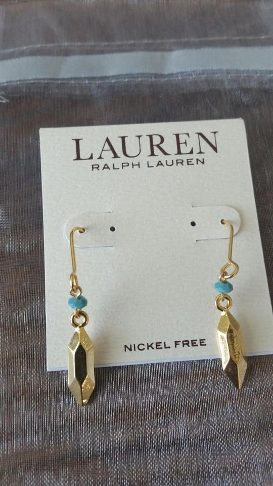 Ralph Lauren Lauren Womens Girls Small Gold Tone Drop Hexagon  Earrings NWT $ 34 - Image 2 of 4
