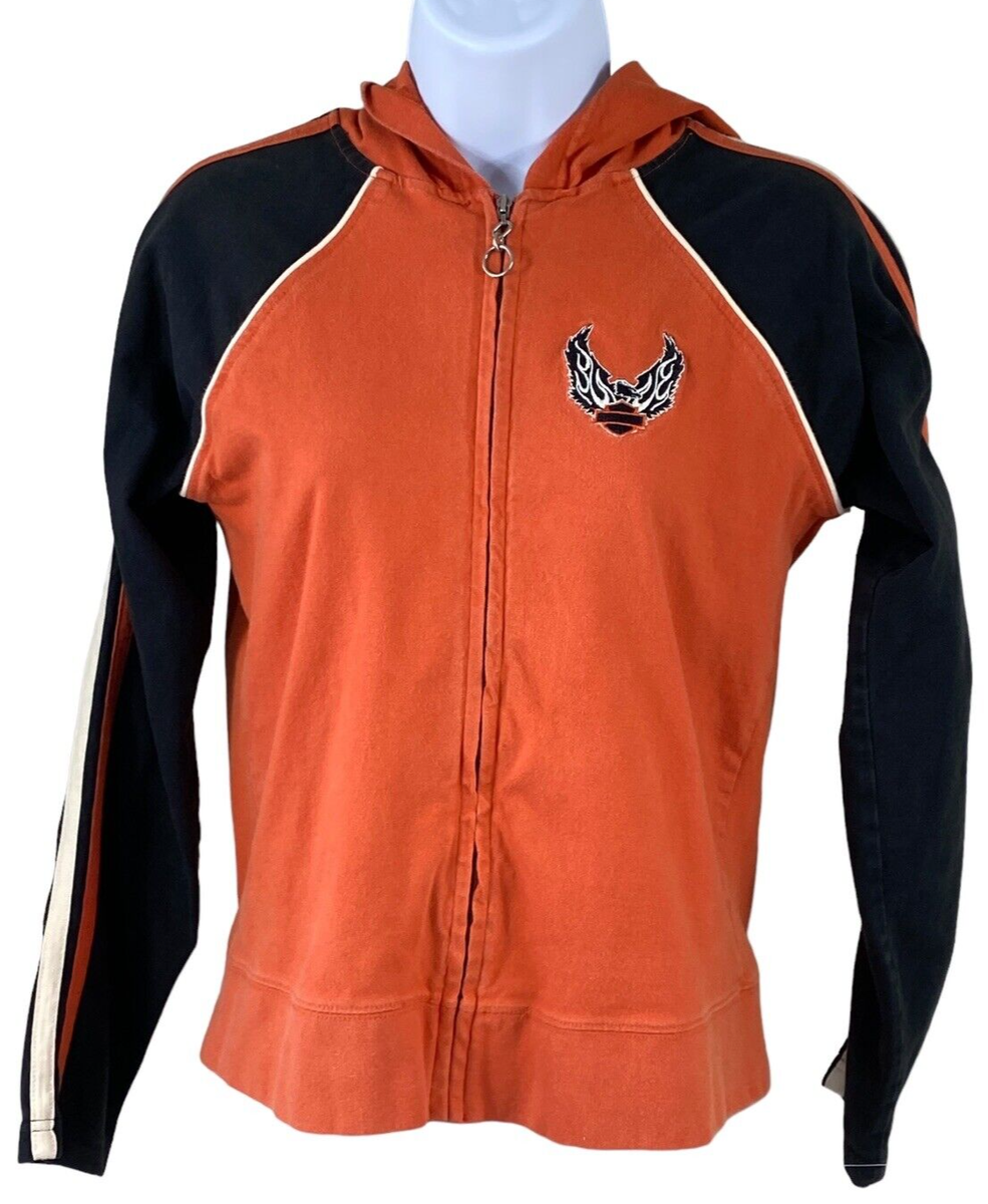 Harley Davidson Orange Black Striped Sleeve Full Zip Hoodie Logo