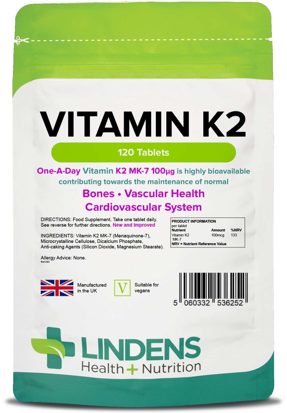 Vitamin K2 MK-7 100mcg - 120 Tablets - Immune, Bone & Cardiovascular Health UK