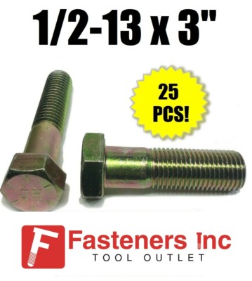 (Qty 25) 1/2-13 x 3'' Hex Bolt Zinc Plated Grade 8 Cap Screw Partial Thread