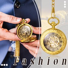 Vintage Luxury Roman Numeral Dial Mechanical Skeleton FOB Pocket Watch Necklace