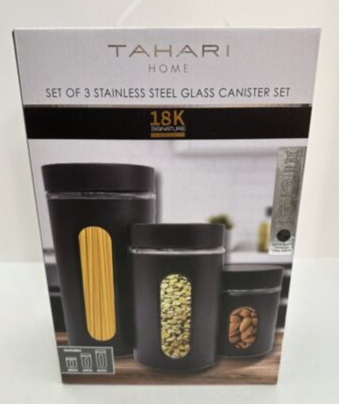 NEW TAHARI SET OF 3 STAINLESS STEEL GLASS CANISTER SET 18k Series Matte Black eBay