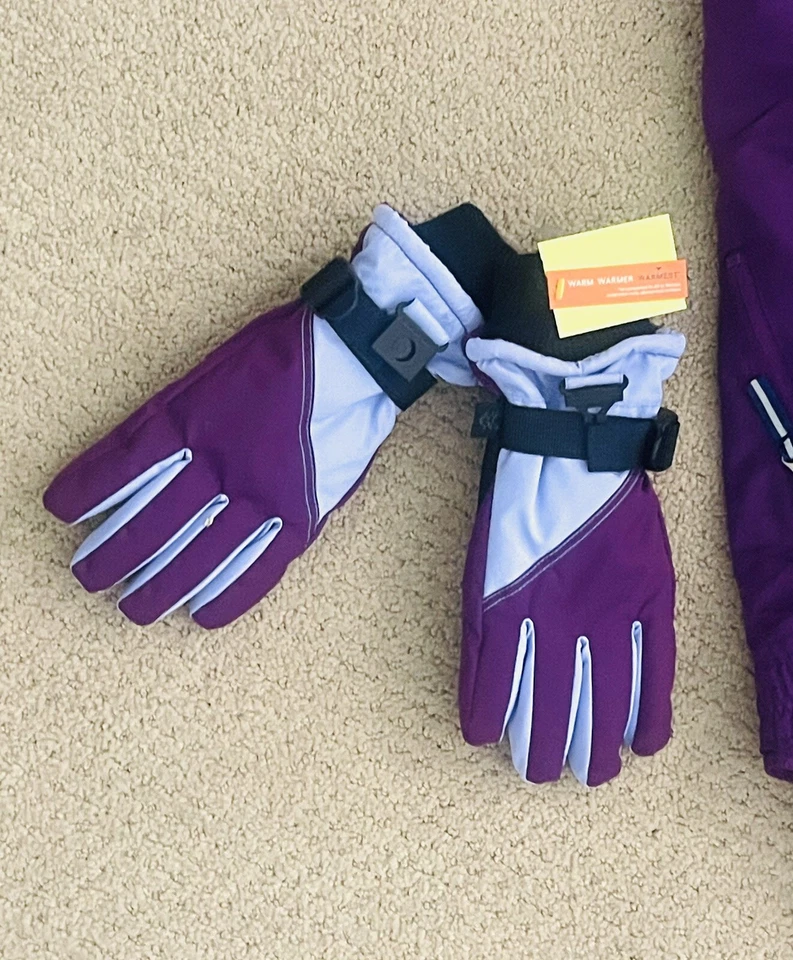 Champion Girls Purple Insulated Snow Ski Bib Overalls Pants w/new snow gloves - Image 2 of 2