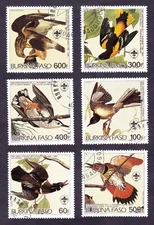 1987 BIRD STAMP J AUDUBON ART DRAWING CTO BURKINA FASO 6 STAMPS ORIGINAL GUM