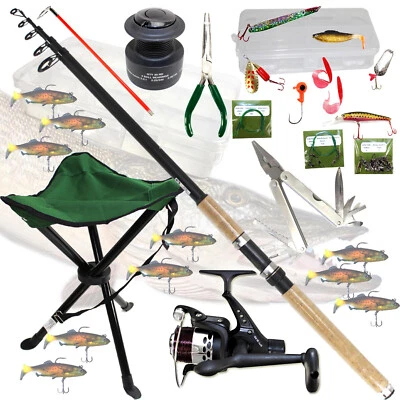 QMBASIC ANGELSET PROFI ZANDER & HECHT Teleskopangel Rute 3m Rolle Angelhocker Köderbox