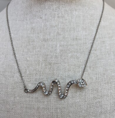 Jeweled Snake Fine Silver Chain Charm Pendant Necklace 16 Inch Clear Rhinestones
